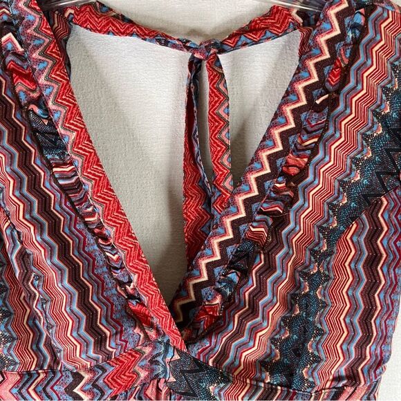 Earthbound Knee Length Dress Women’s Pink Blue Chevron V Neck Open Back Boho M - Picture 4 of 13